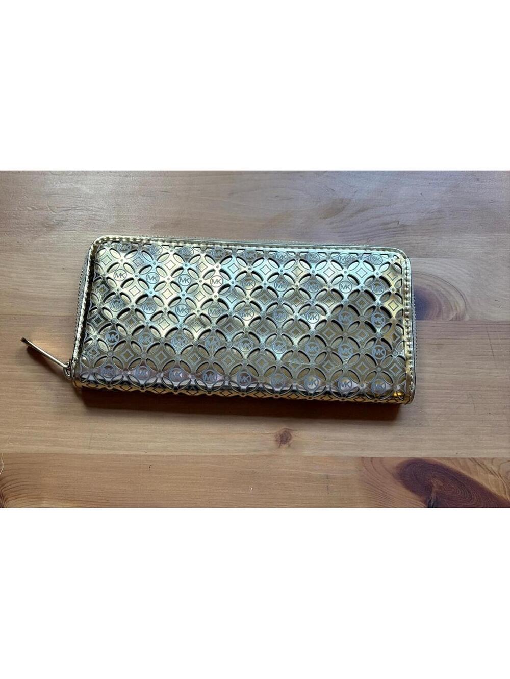 Michael Kors Gold Metallic MK Logo Zip Around Wallet Signature Pattern